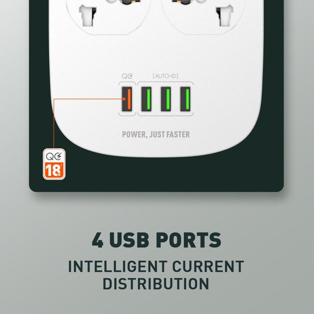 LDNIO Power Extension Cord Socket, 4 AC Outlets 2500W, 4 USB Ports 3.4A with QC3.0 2M - 18 Month Warranty