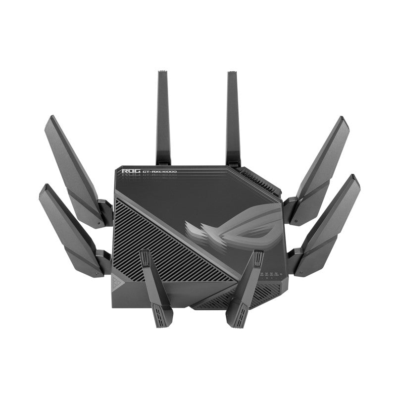 Asus ROG Rapture Quad-Band WiFi 6E Gaming Router,256MB NAND Flash, 2GB DDR4 RAM, Boosts Speeds up to 16000 Mbps, 6GHz Band Dual 10G Ports 2.5G WAN Port Dual WAN, AiMesh support, VPN Fusion, Triple-level Game Acceleration and Free Network Security