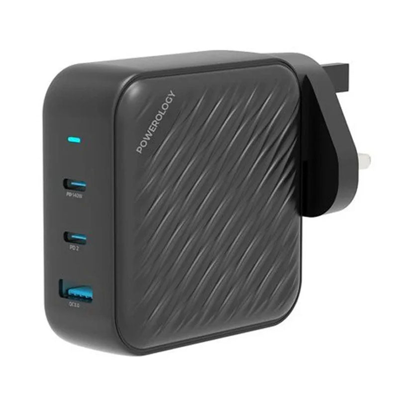 Powerology 140W PD QC 2xUSB-C and 1xUSB-A GaN Charger UK, Black