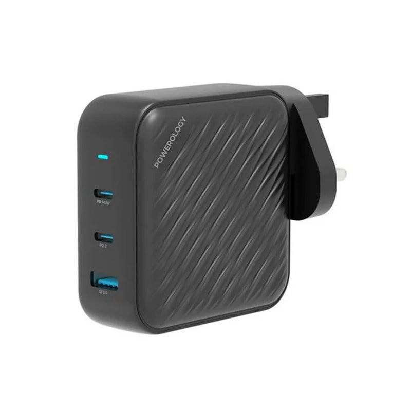 Powerology 140W PD QC 2xUSB-C and 1xUSB-A GaN Charger UK, Black