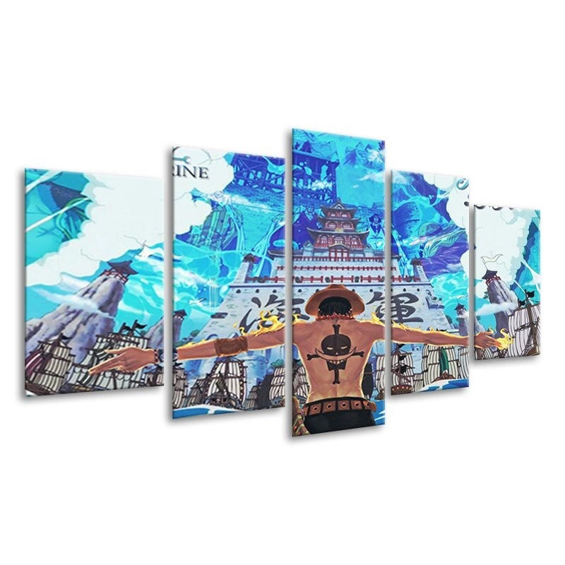 Anime One Piece - Portgas D. Ace 5 Piece Wall Painting Canvas Art Poster (30x50cmx2 / 30x65cmx2 / 30x80cmx1) With For Room & Home Decoration